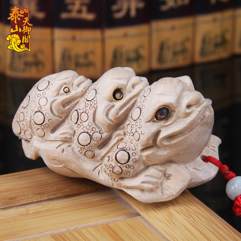 天御阁 桃木金蟾招财摆件 木质三足金蟾蜍手把件挂件饰品 实木雕刻