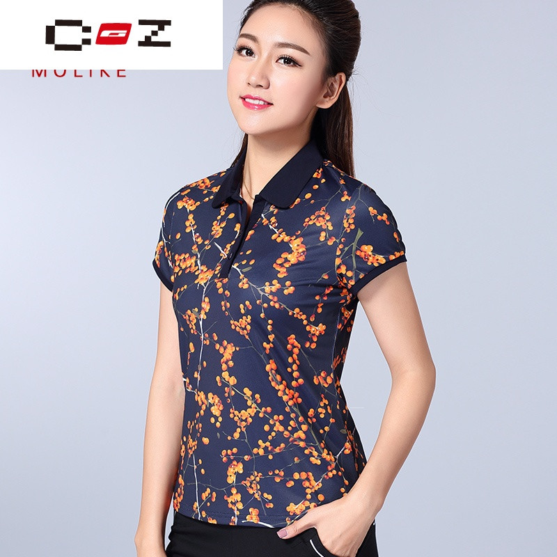 CZ潮流品牌中年女士夏装上衣带领短袖t恤女宽