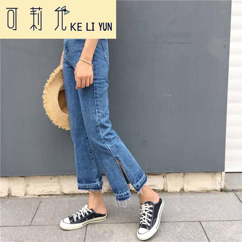 KELIYUN韩版chic高腰显瘦裤脚开叉九分喇叭裤