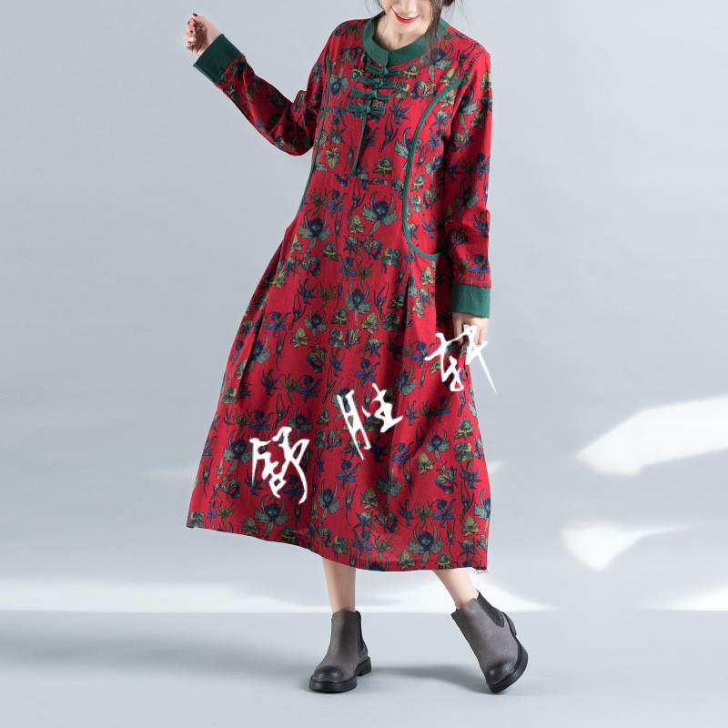 2017秋季棉麻民族风大码印花撞色盘口复古女装连衣裙
