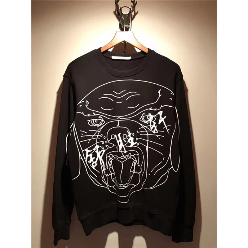 2017欧美潮牌秋冬新款纯色线条狗头情侣圆领