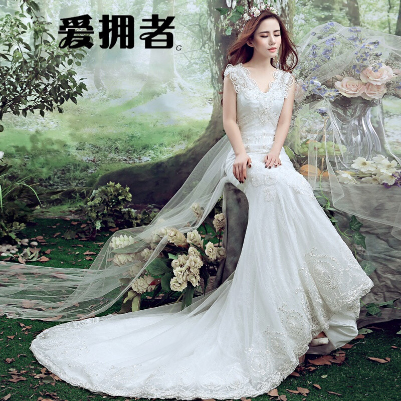 爱拥者婚纱礼服2017新款韩式小拖尾收腰鱼尾婚纱双肩v领蕾丝显瘦春