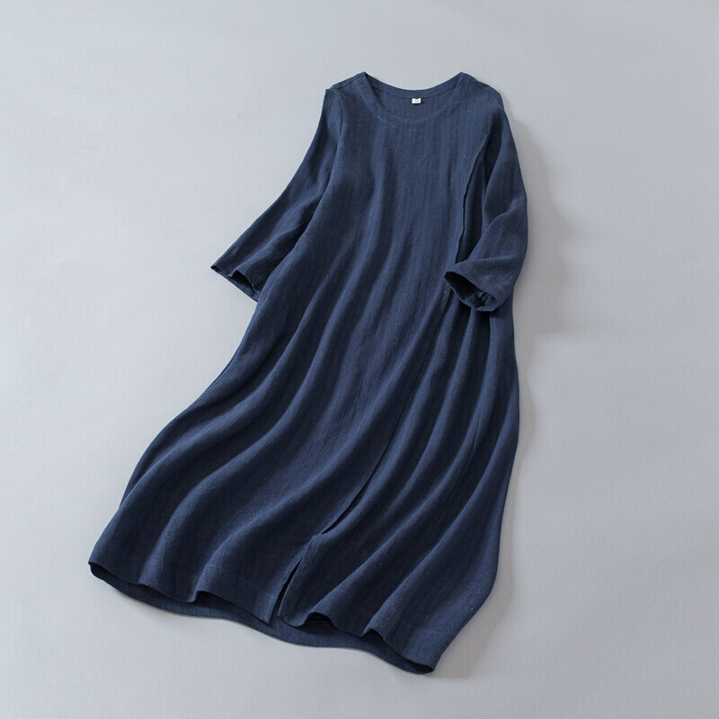 新款2017简约文艺范宽松竖条纯色棉麻连衣裙