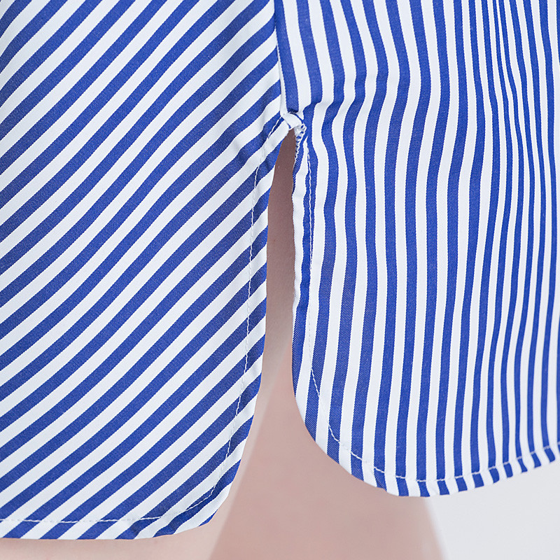 蓝白条纹衬衫女短袖2017春夏新款束腰绑带收腰上衣中长款打底衬衣
