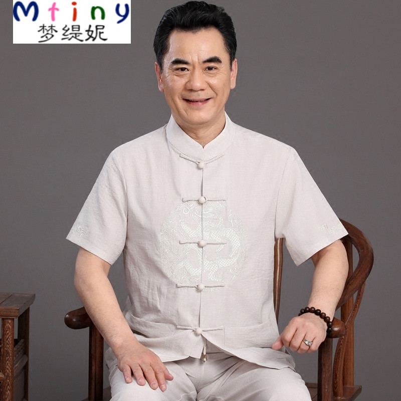 mtiny中老年亚麻衬衫套装薄款夏季宽松唐装男短袖汉服大码中式民族
