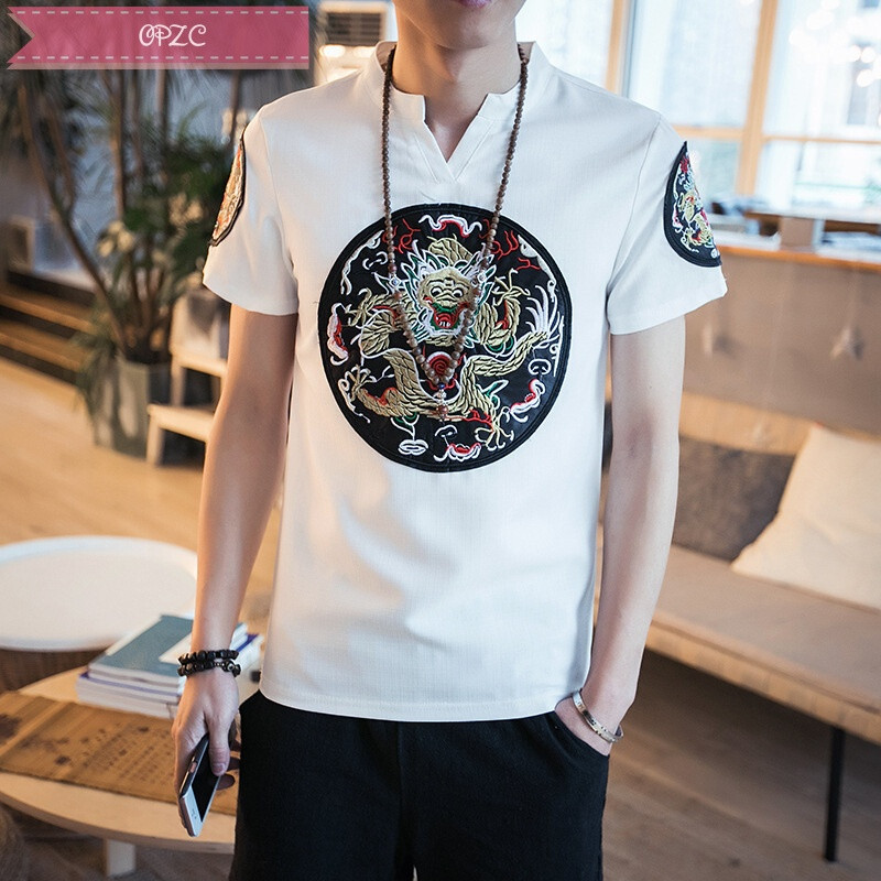 OPZC夏季新款中国风男式T恤龙纹刺绣V领短袖
