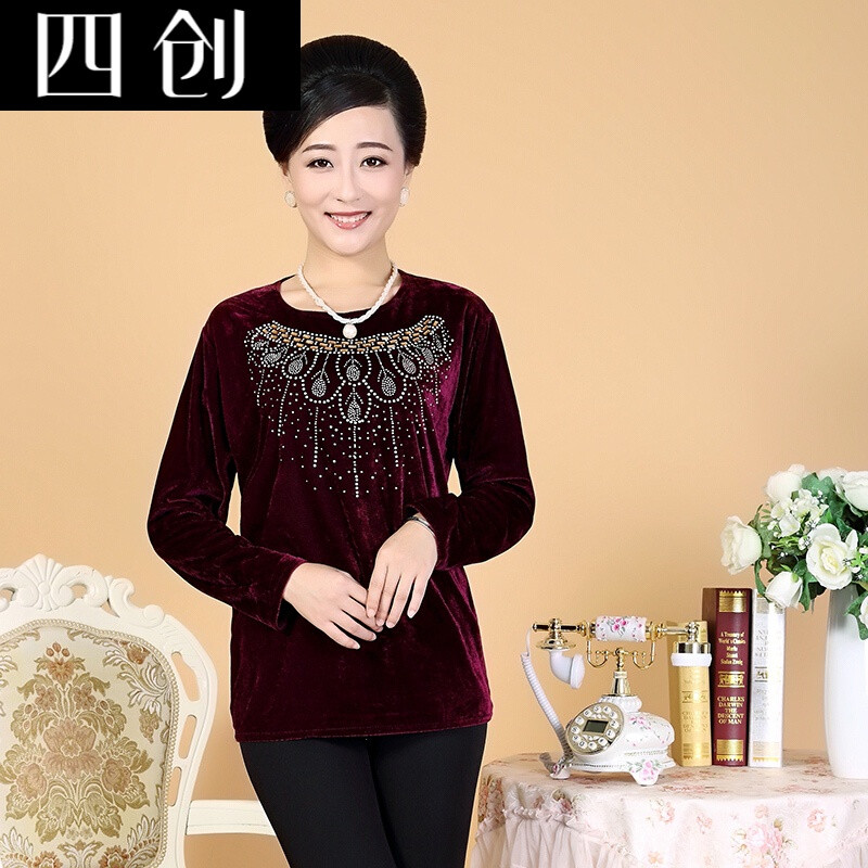 中老年女装秋装长袖恤中年人妈妈装金丝绒上衣