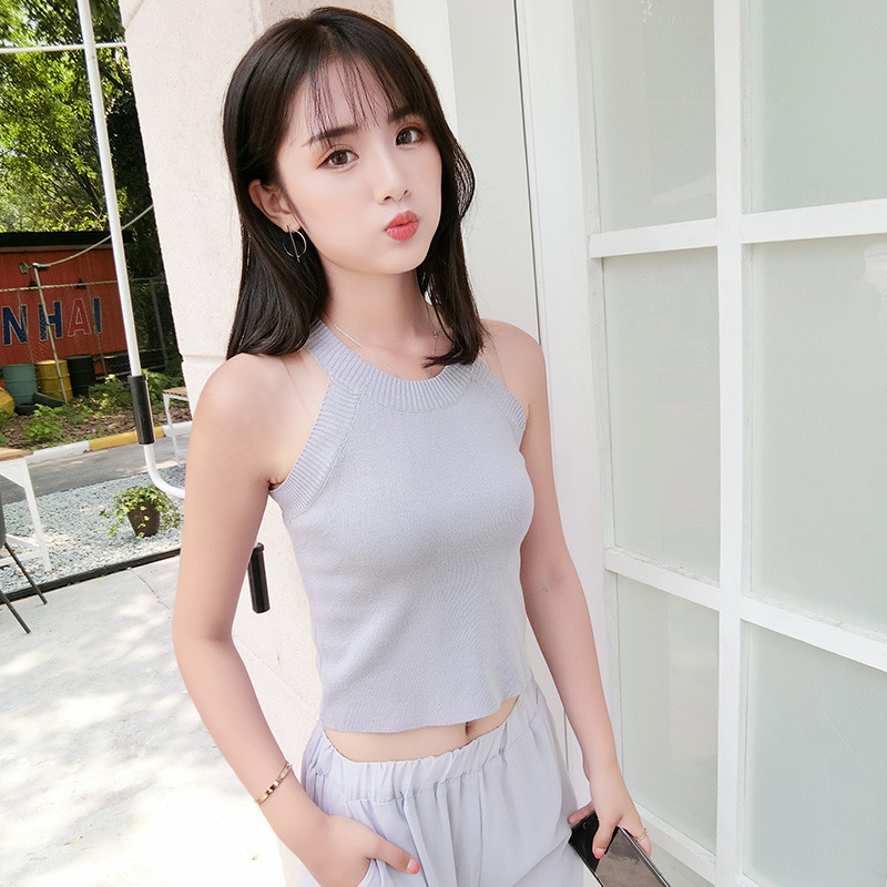 828新款原宿风无袖挂脖上衣夏季高腰短款漏脐吊带背心女外穿百搭修身