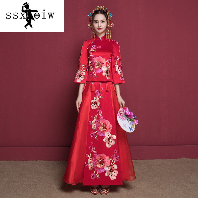 新娘旗袍嫁衣2017新款秋中式礼服敬酒服喜服结婚龙凤褂修身2040中国红
