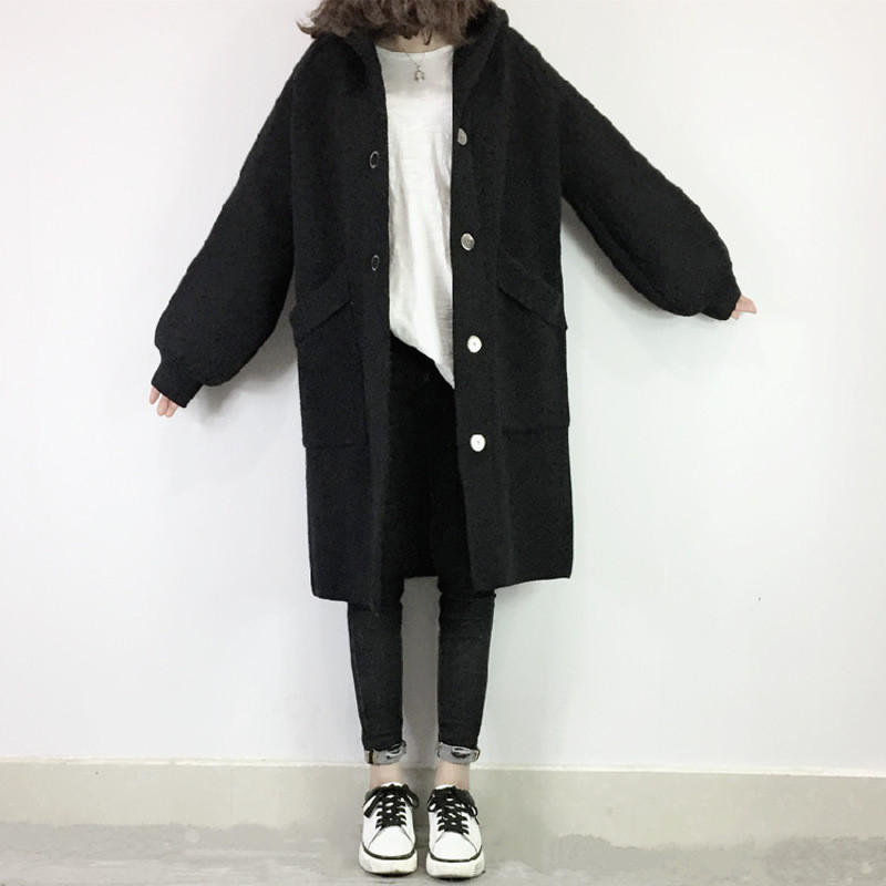 欧洲站2018冬装新款时尚中长款针织开衫宽松连帽提花毛衣外套女潮