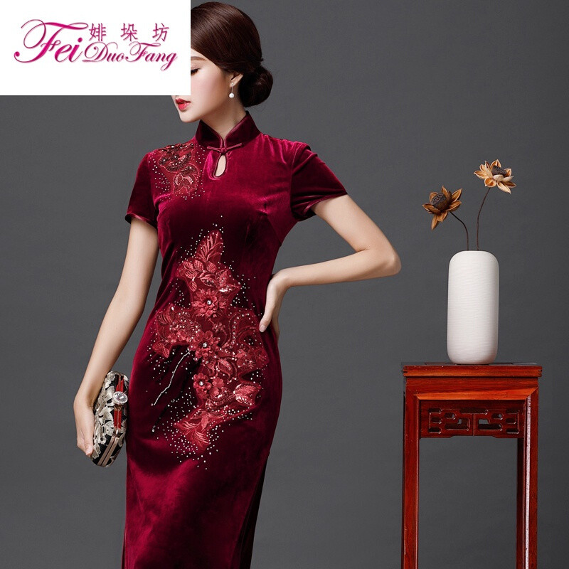 婔垛坊(feiduofang)韩国绒春夏新款婚宴酒红色金丝绒旗袍晚礼服刺绣长