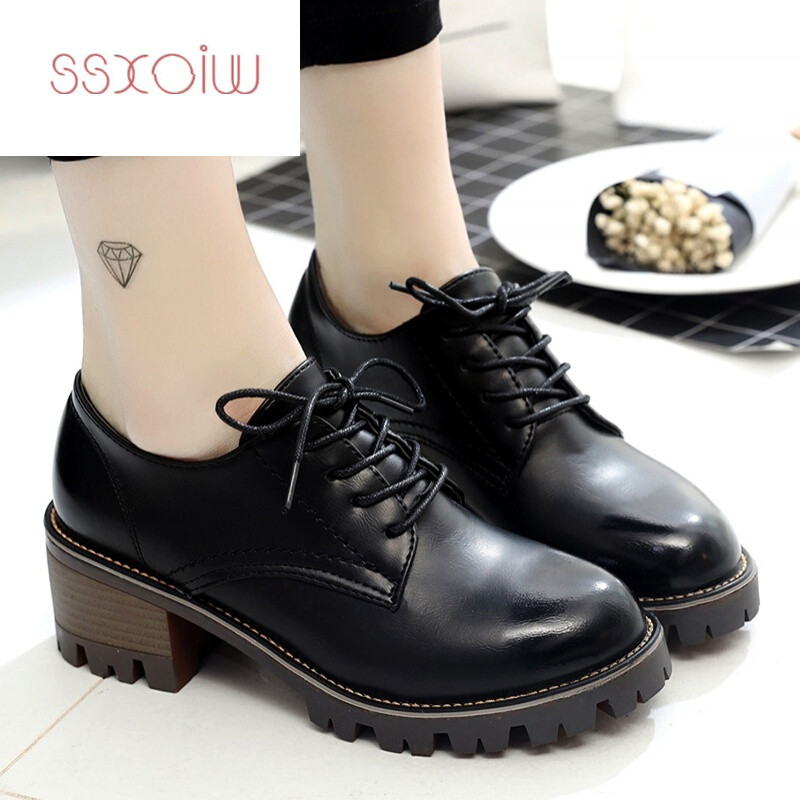 SSXOIW2017春季新款英伦风小皮鞋女粗跟休