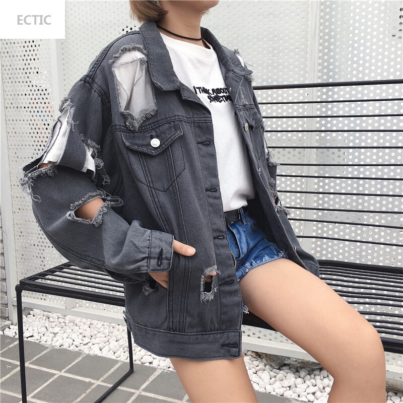 ecticulzzang原宿风大破洞牛仔外套女宽松长袖牛仔服机车牛仔上衣