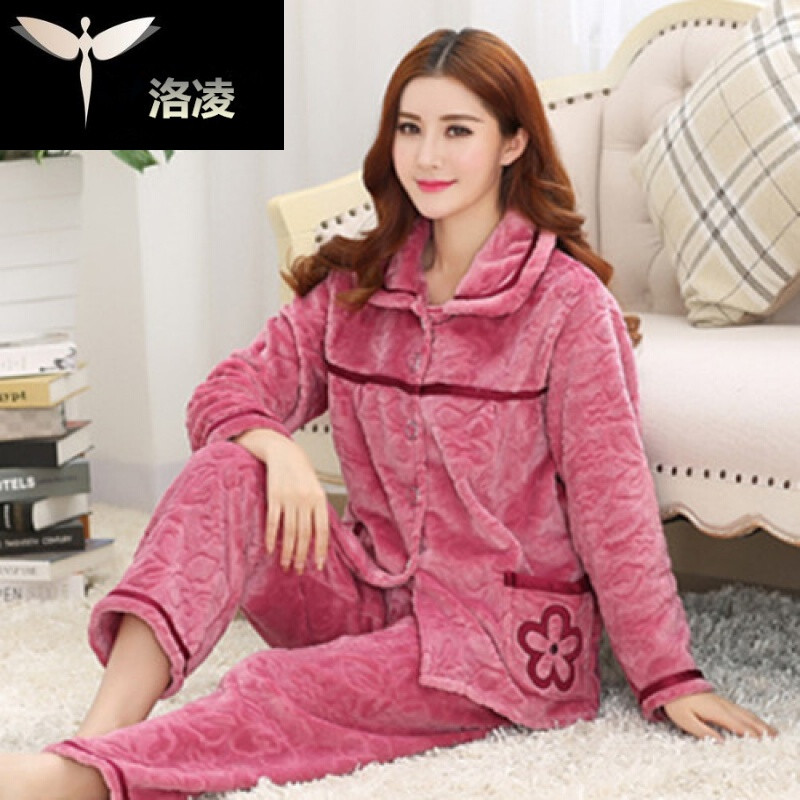 珊瑚绒睡衣女妈妈法兰绒开衫薄款韩版春秋水貂