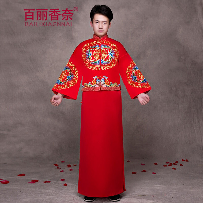 百丽香奈新款秀禾服男装中式婚礼新郎结婚礼服红色绣花古装复古喜服