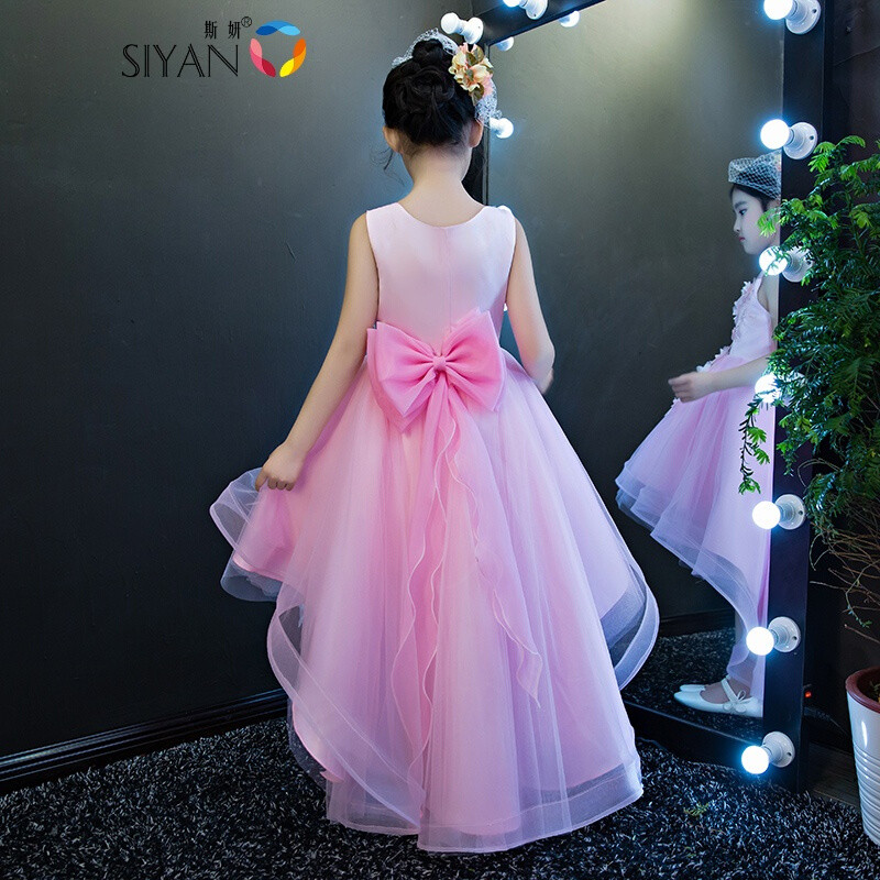 斯妍儿童礼服公主裙蓬蓬裙女童钢琴演出服拖尾婚纱秋装花童礼服女粉色