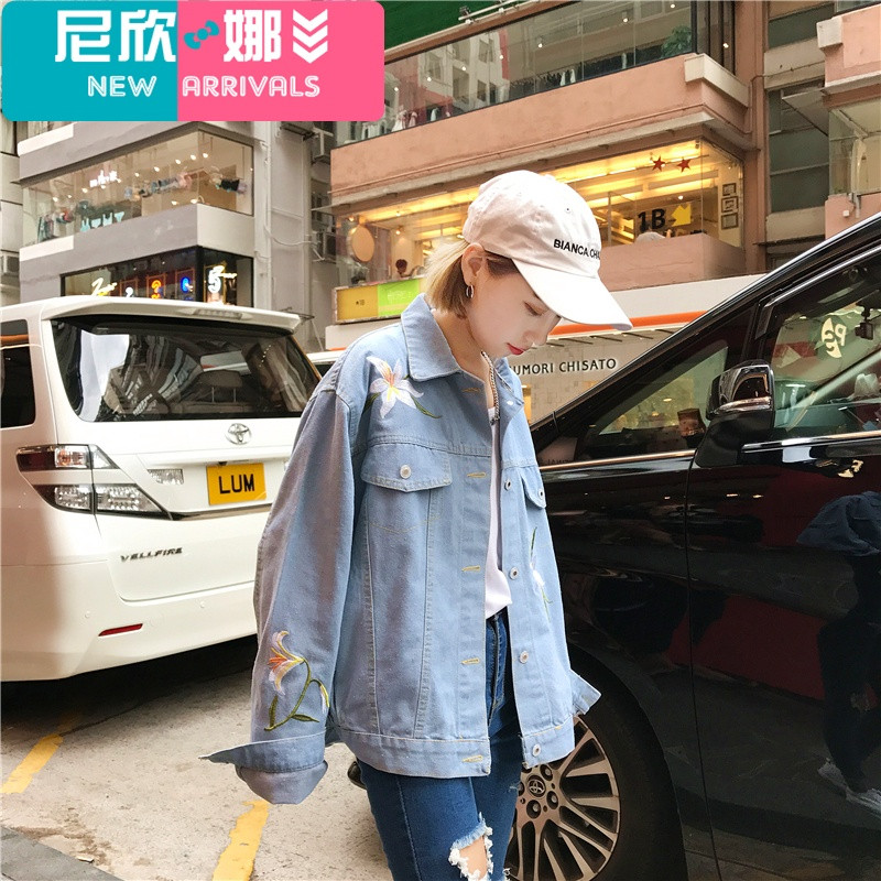 新品秋季新款bf风刺绣牛仔外套女学生宽松长袖