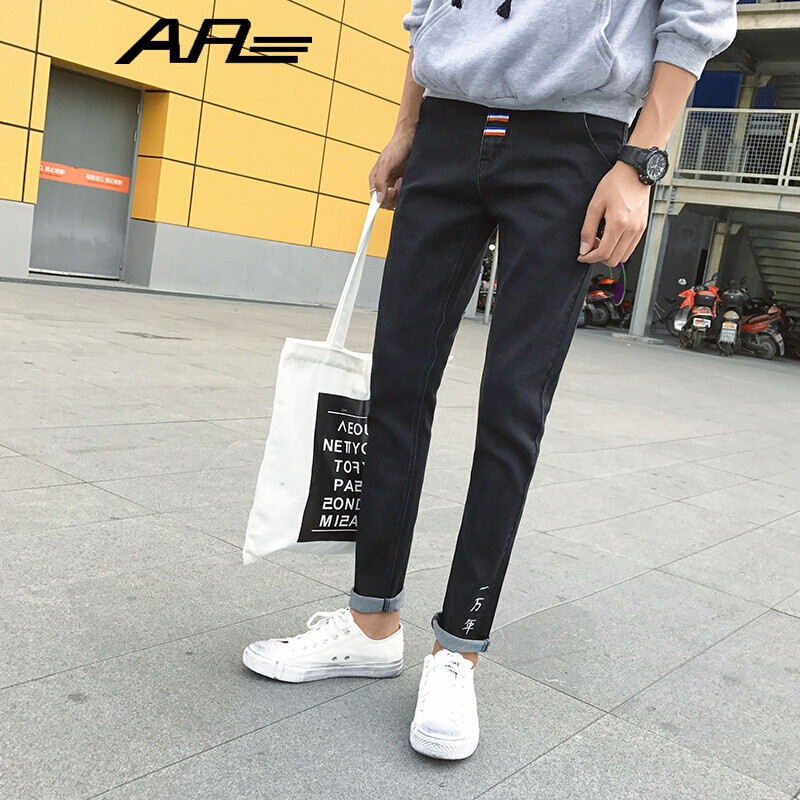 AR牛仔裤男韩版潮流百搭黑色长裤男青少年织
