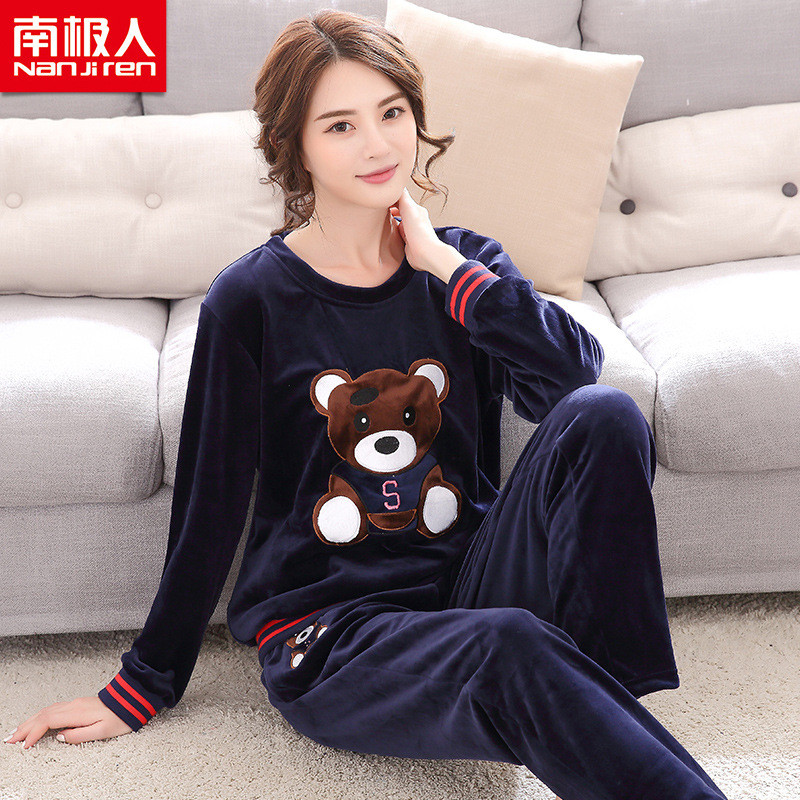 南极人法兰绒情侣睡衣可爱卡通男士女士珊瑚绒