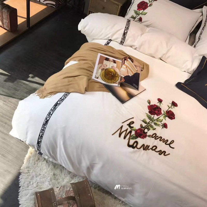 主题酒店风60长绒棉贡缎四件套全棉刺绣玫瑰花白色被套床品