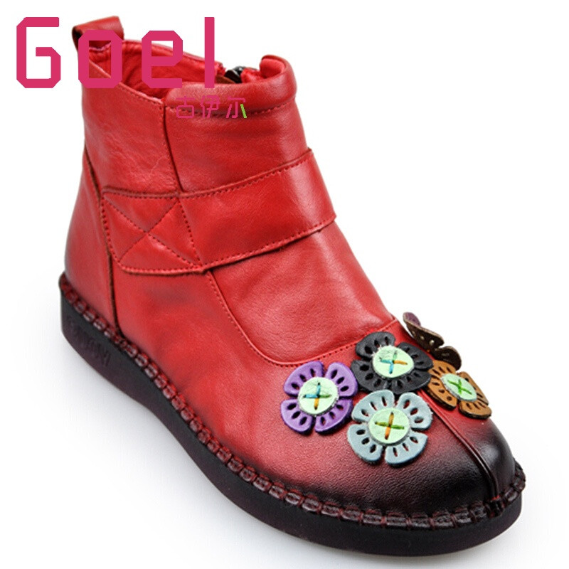 古伊尔轻奢品牌女靴2017秋冬民族风真皮手工