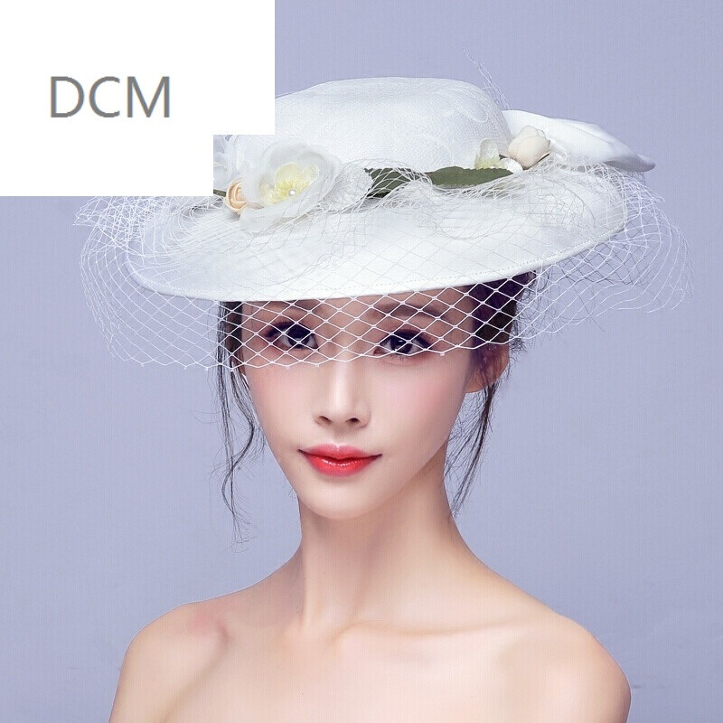 dcm- 新娘欧式手工网纱花朵头饰结婚海边造型礼帽发饰复古蕾丝大帽子