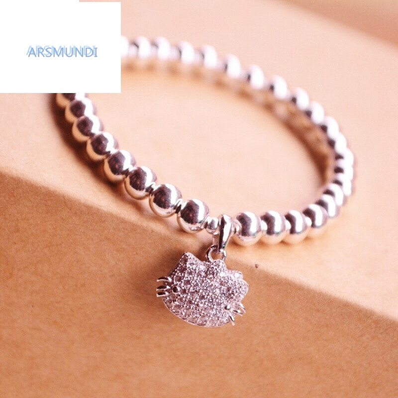arsmundis925纯银hellokitty凯蒂猫银珠手链女微镶kt银豆豆珠子宝宝