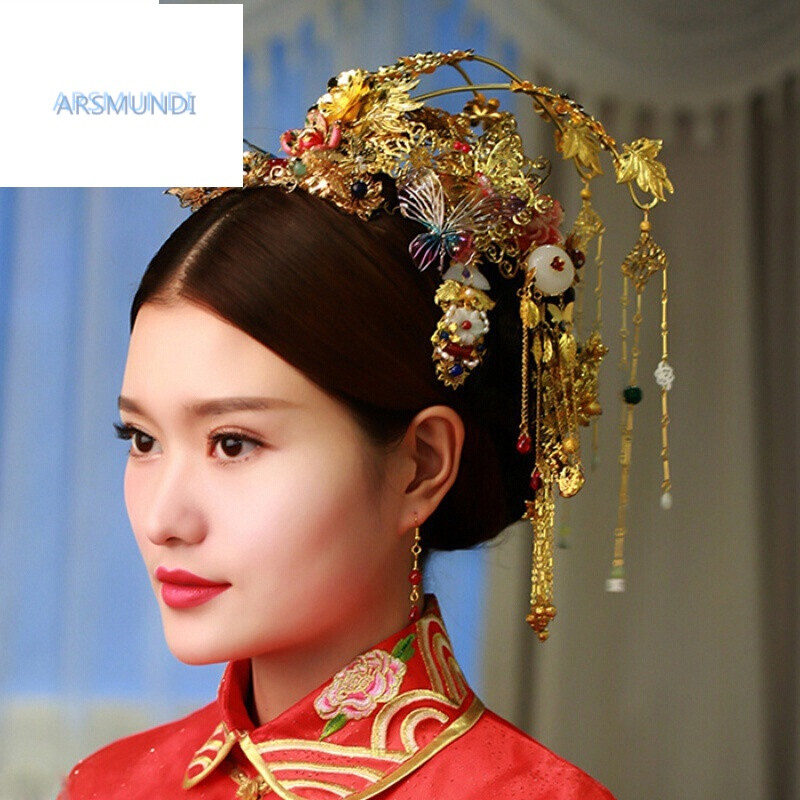 arsmundi古装新娘头饰凤冠霞帔中式秀禾装汉服舞台表演古典步摇