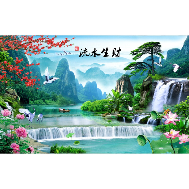 3d立体空间山水风景电视背景墙贴墙纸宾馆客厅无缝壁画流水生财