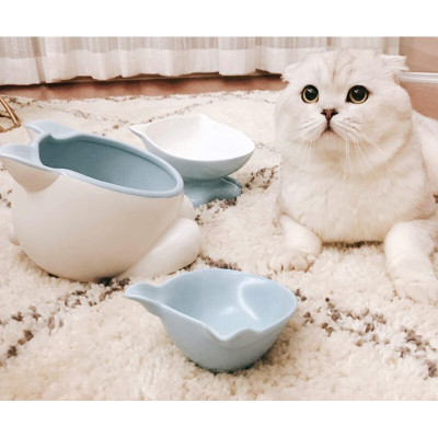 猫碗双碗猫盆猫粮碗陶瓷猫食碗猫饭盆水盆猫咪用品猫食盆天蓝色套餐3云朵餐垫M-中型