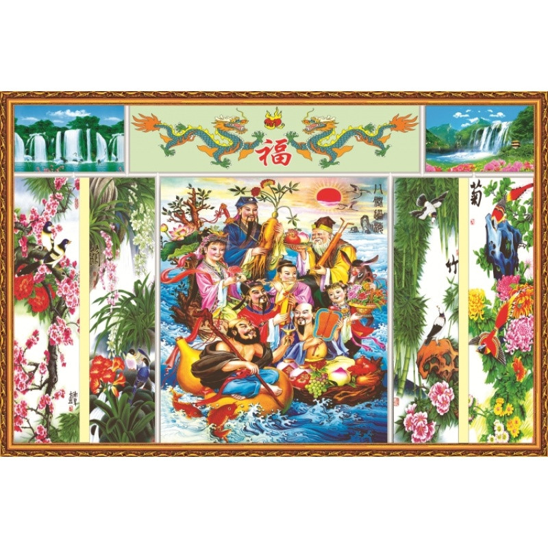 中国年画中堂画客厅挂画对联国画山水客厅装饰画油画布八仙过海