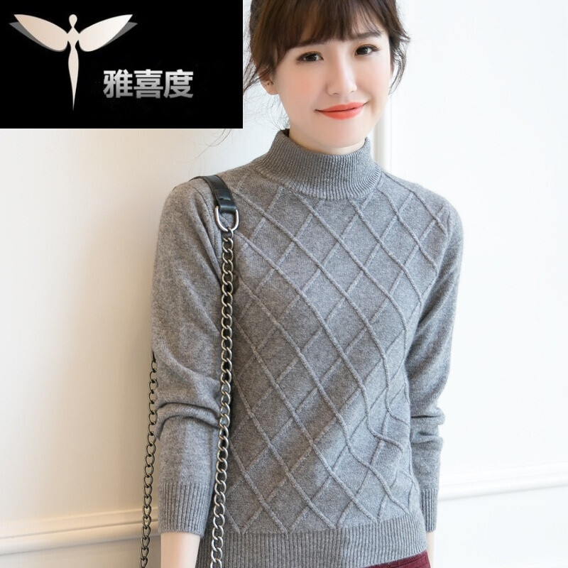 秋冬新款羊绒衫半高领加厚毛衣女式菱形提花针织打底衫