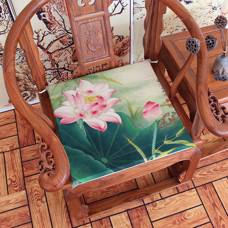 荷花新中式坐垫复古红木沙发椅垫 餐椅垫官帽加厚椅垫中国风水墨