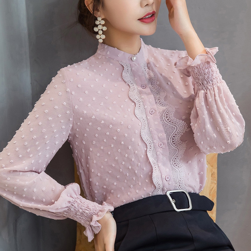 别颖雪纺衫女长袖2018春装新款韩版夏立领蕾丝小衫宽松遮肚子白色衬衫