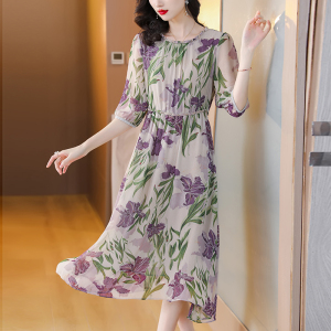 贵夫人雪纺紫色收腰碎花连衣裙女2024年夏季新款气质圆领印花裙