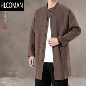 HLCOMAN80%苎麻男装棉麻外套男中国风亚麻中长款上衣中式棉衣唐装