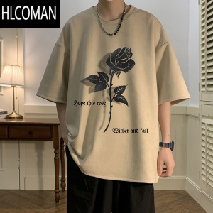 HLCOMAN暗黑系玫瑰印花短袖t恤男情侣潮牌高街七分袖夏季美式高级感衣服