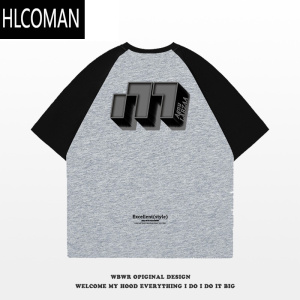 HLCOMAN美式设计感印花拼接短袖T恤男夏季潮牌百搭宽松情侣插肩上衣