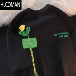 HLCOMAN高级感vintage针织花朵绿色t恤男女夏季宽松设计感小众炸街上衣潮