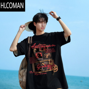 HLCOMAN@270g做旧短袖T恤男夏季街头男生小领口五分袖上衣