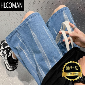 HLCOMAN扎染牛仔短裤男士夏季薄款大码直筒宽松中裤美式潮牌五分裤子男款