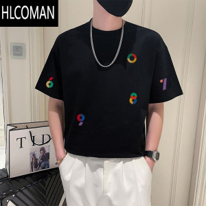 HLCOMAN印花2024新款衣服T恤男ins潮牌白色半袖男装创意百搭圆领短袖上衣