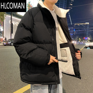 HLCOMAN羔绒棉服男款冬季美式潮流休闲棉袄外套男纯色防寒加绒加厚棉衣