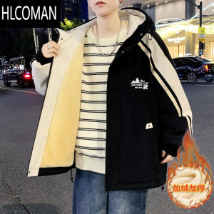 HLCOMAN男士羽绒服2024新款潮牌连帽棉衣加绒加厚棉服宽松青少年冬季外套