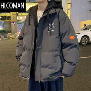 HLCOMAN棉衣男冬季新款港风外套棉袄潮牌加厚连帽棉服宽松面包服男士笑脸