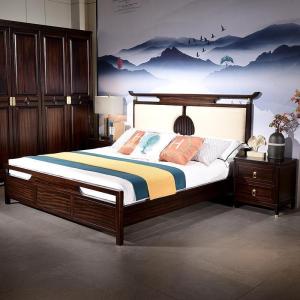 森美人新中式乌金木双人床1.8米主卧婚床 全实木床1.5m现代卧室家具