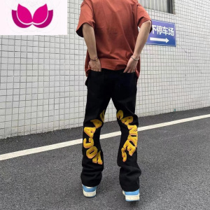 七斓美式街头小众设计感植绒刺绣牛仔裤男hiphop高街宽松直筒休闲长裤