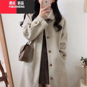 YIBUSHENG2023新款韩版宽松学生毛呢外套女中长款显瘦加厚过膝呢子大衣