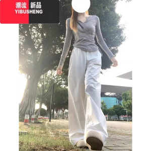 YIBUSHENG美式复古高街hiphop白色工装阔腿裤子女季2023新款休闲直筒长裤