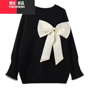 YIBUSHENG韩系慵懒风蝴蝶结黑色毛衣女冬季小众设计感2023新款奶系穿搭上衣